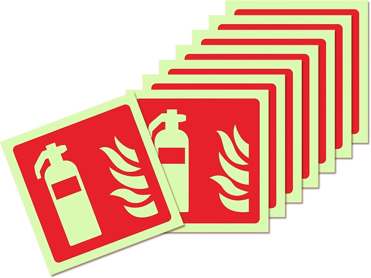 Brandblusserbord Zelfklevend - Veiligheidssticker Informatief - Veiligheid Aangeven - Fluorescerend Zichtbaar - 10x10 cm 8 Stuks - Fosforescerend