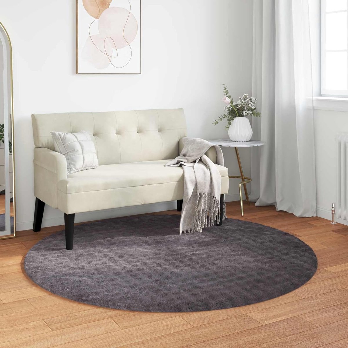 Rond Vloerkleed - Antraciet Tapijt - Woonkamer Decoratie - Machinewasbaar Ontwerp - Ø 200