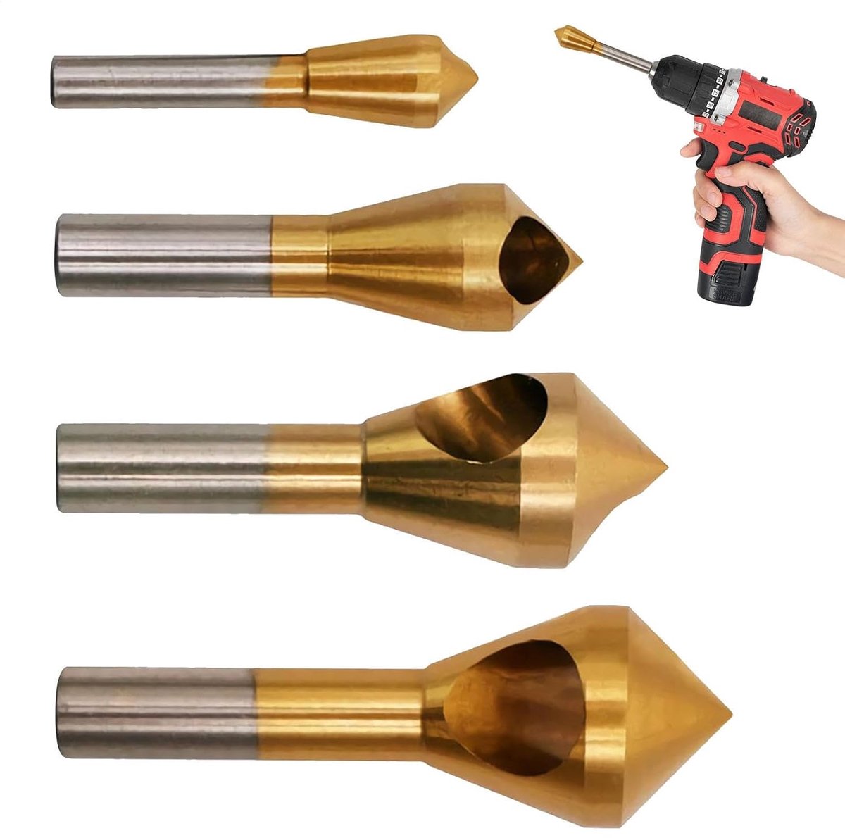 Verzinkboor afschuiningsgereedschap - Ontbraam gereedschap - Metaalbewerking precisie - Roestbestendig titanium - Set van 4 stuks - Zilverkleurig