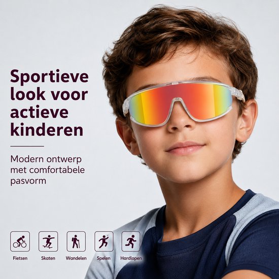 Jongen met sporthut op, hij draagt een bril met rood-oranje spiegelglas en doorzichtig montuur. Iconen tonen fietsen, skaten, wandelen en lopen.