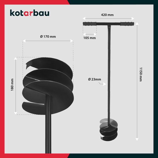 KOTARBAU® Handgrondboor, Palenboor, ⌀ 170 mm, Metaal, 115 cm, Zwart, Grondboor, Grondboor voor Hekpalen, Handboor voor Grond, T-Greep, Ergonomisch en Robuust, Tuinboor — afbeelding 3