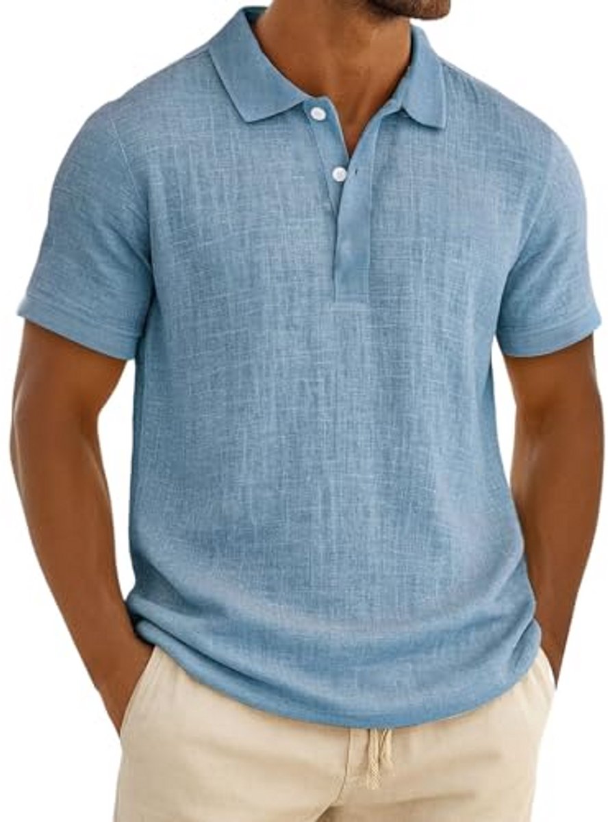 Heren poloshirts linnen korte mouw normaal T-shirt tops zomer casual sport golf poloshirts werkkleding met zak -Hemelsblauw