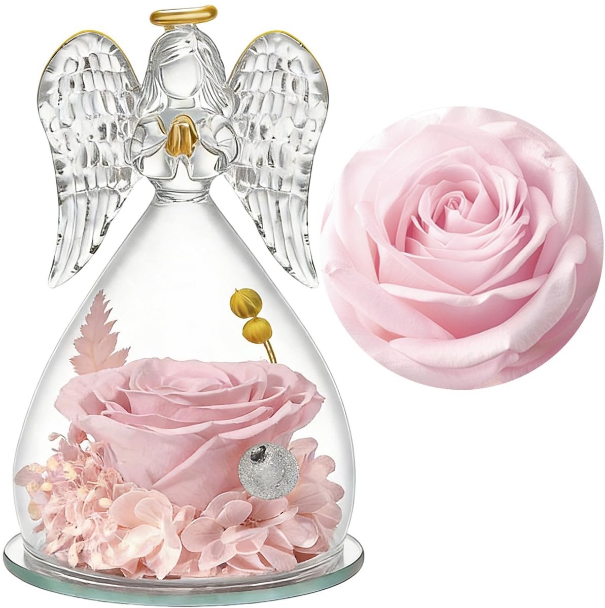 Dailygoods - Eeuwige Roos in Engel Glazen Stolp, Handgemaakte Geconserveerde Roos, Cadeau voor Vrouwen, Moeder, Oma, Vriendin voor Moederdag en Verjaardag, Roze