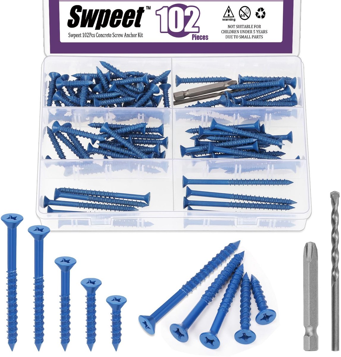 Dailygoods - Swpeet 102Pcs 5 maten 3/16" platte kop beton schroef ankers met schroevendraaier bit en boor bit assortiment kit, beton schroeven zelftappende cement schroeven voor verankering aan metselwerk blok