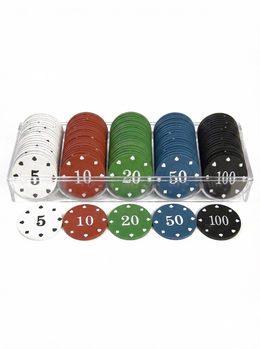 Dailygoods- Pokerchipset 100 Stuks - Meerkleurige Pokerfiches - Opbergdoos - Waarden 5/10/20/50/100 - Waterdichte Chips - Voor Poker/Blackjack/Casino Spellen