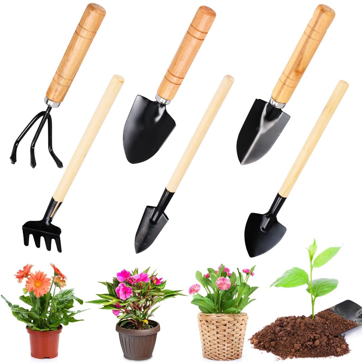 Dailygoods- Tuingereedschapset 6-delig - Kleine Tuinschop - Mini Tuingereedschap - Aarde Losmaken - Planten Verplanten - Ideaal voor Beperkte Ruimtes