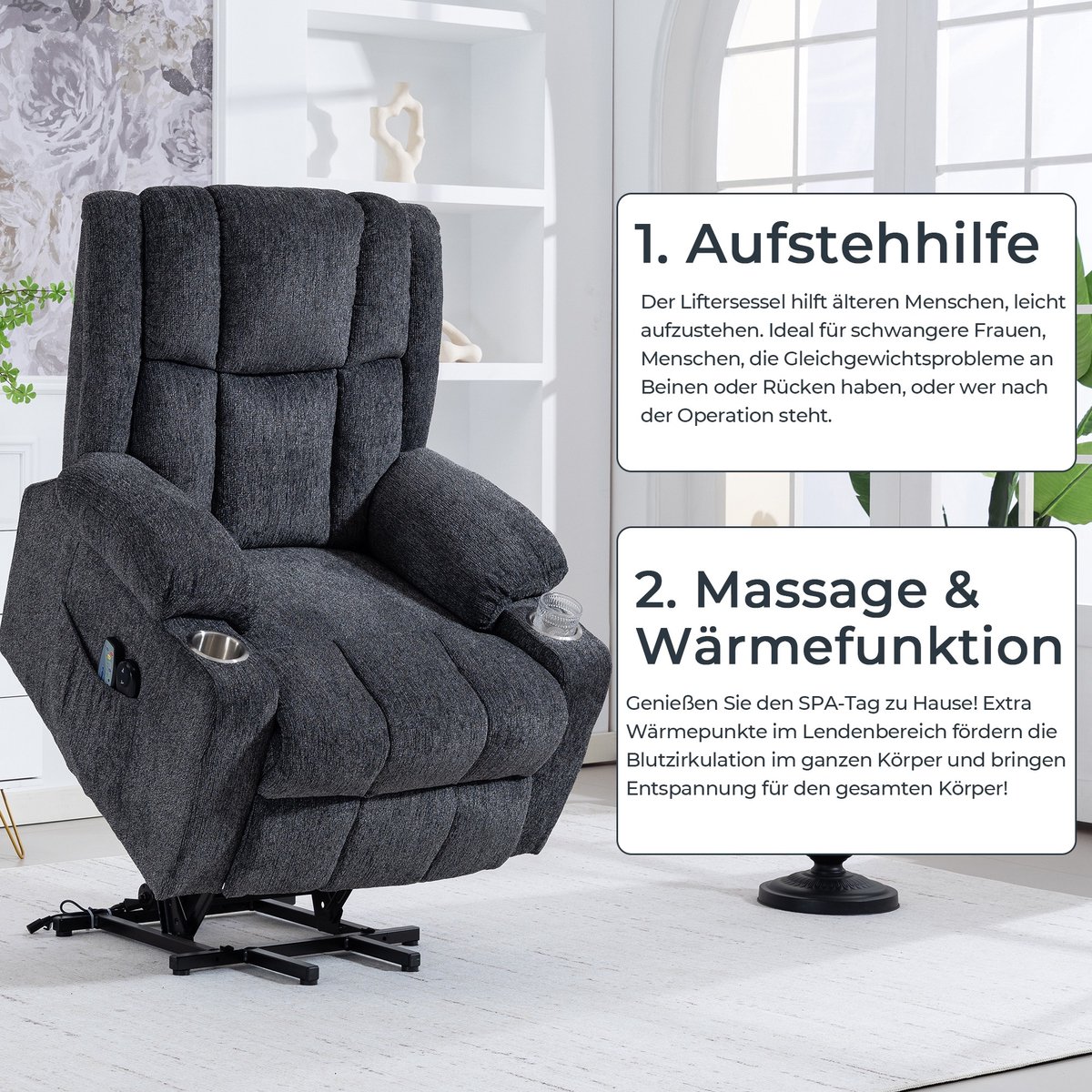 YYchan elektrische relaxstoel met sta-op hulp - massage en warmte - donkergrijs - 91x84x106 cm