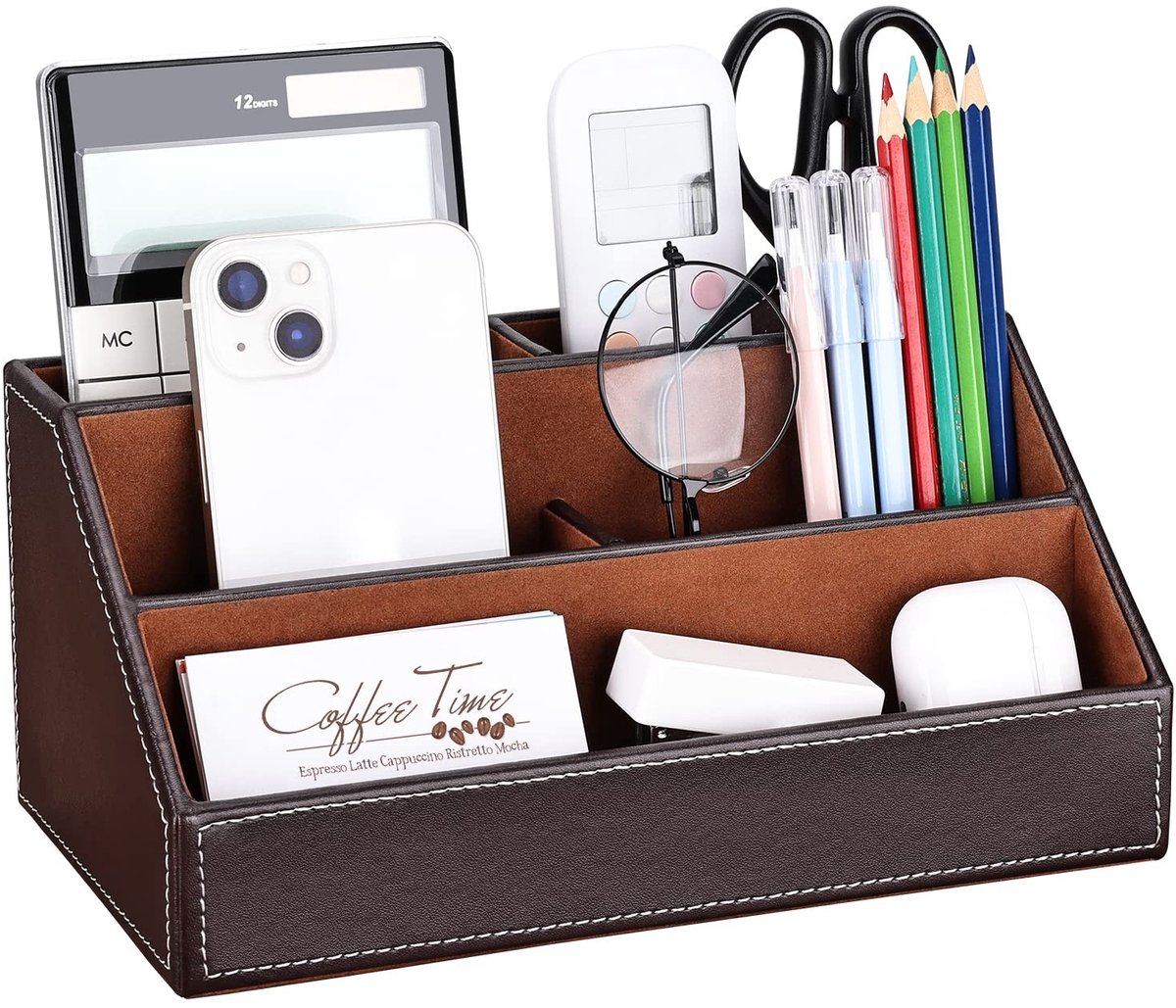 Dailygoods- Bureauorganizer Stijlvol PU-leer - Pennenhouder - Desk Organizer - Kantooraccessoires - 5 Vakken - Afmetingen 24 x 13,5 x 11 cm