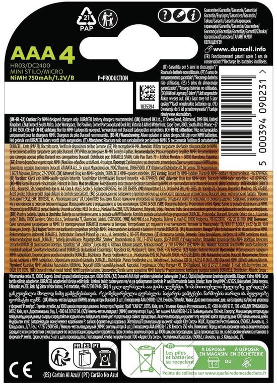 Duracell Oplaadbare AAA batterijen - 750 mAh NiMH - 4 stuks