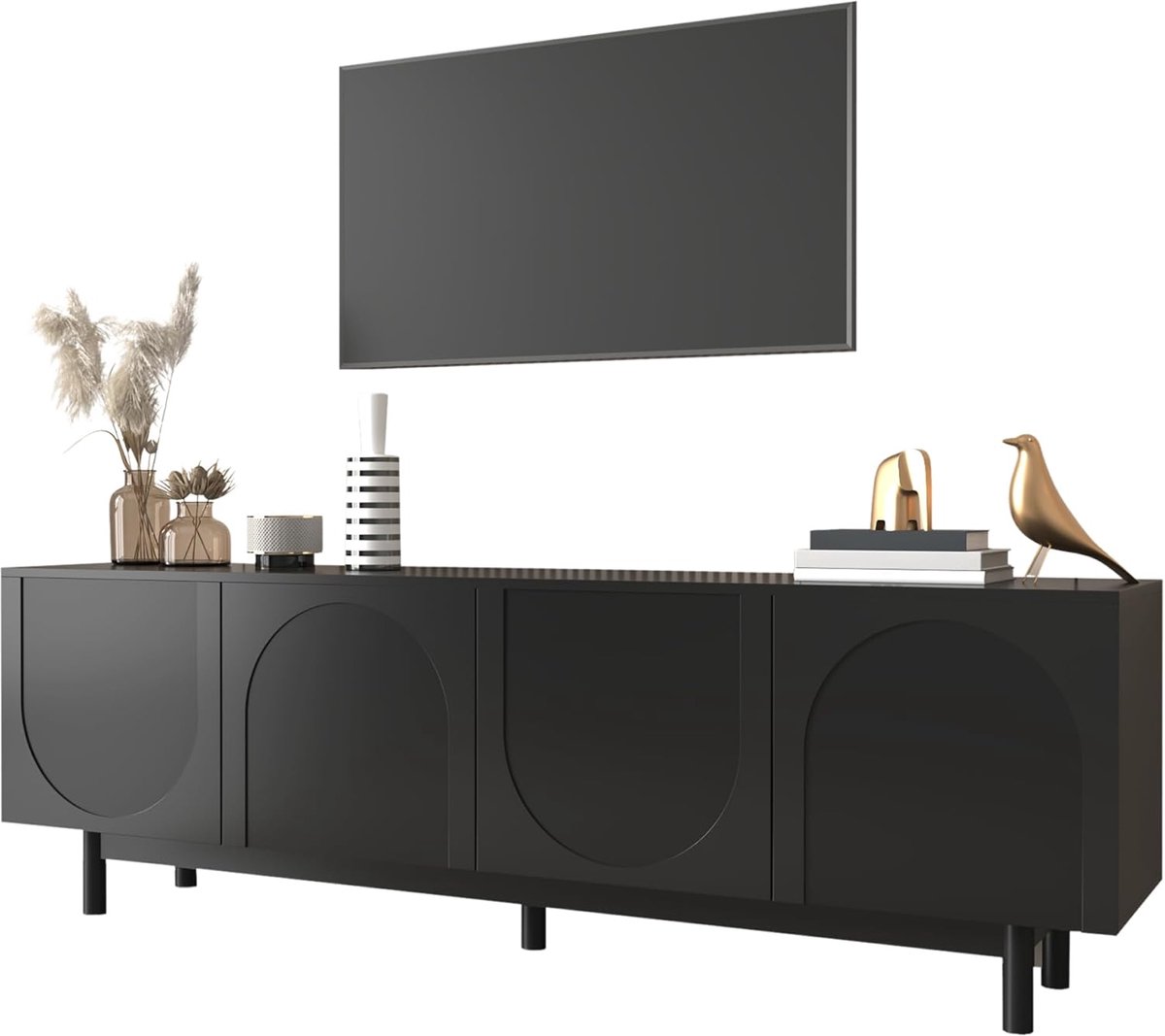 Lowboard tv-kast - Televisietafel dressoir - Woonkamer opbergen - Vier deuren - 175x38x56 cm - Mat Zwart