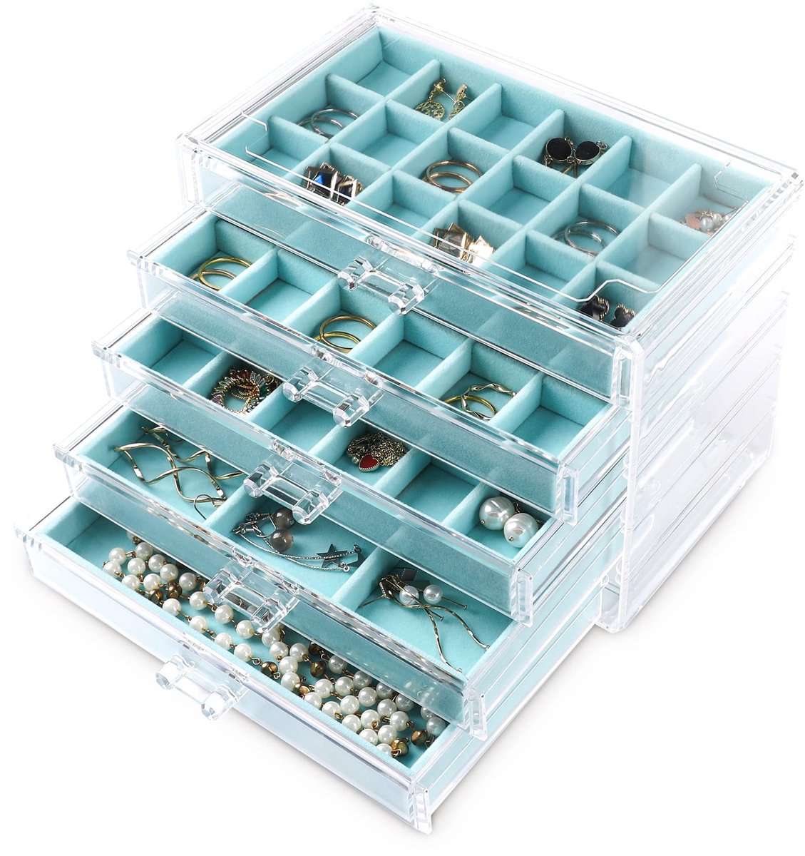Dailygoods - Acryl Sieraden Organizer - Oorbel Organizer Box met 5 Lades (Turquoise)