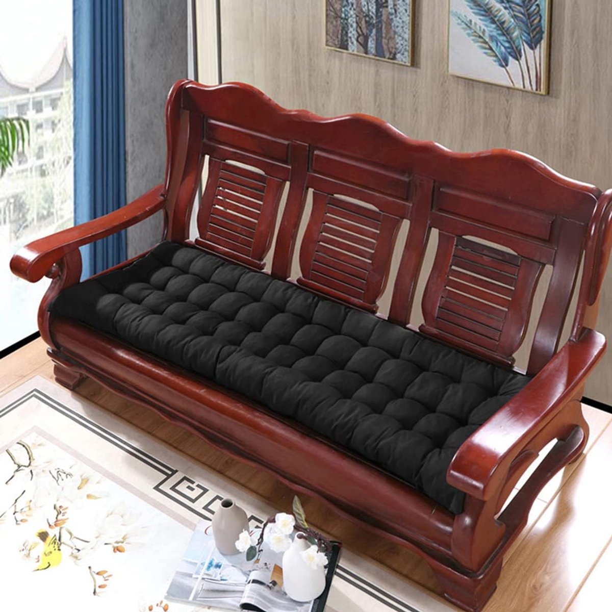 Bankkussen Buiten - Zitkussen Tuin - Comfortabel Zitten - Zacht Dik Materiaal - 160 x 55 cm - Zwart