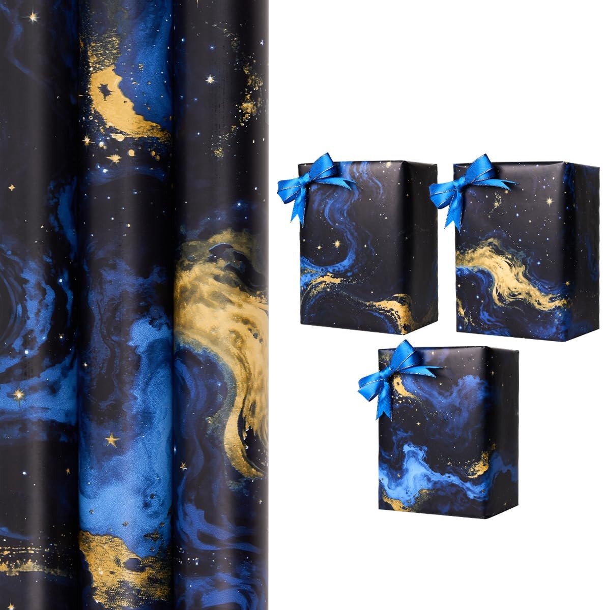 Dailygoods- Cadeaupapier 3 Rollen - Sterrenhemelprint - 43 cm x 3 m - Zwart/Blauw - Dikke Kwaliteit - Ideaal voor Verjaardagen - Inpakpapier