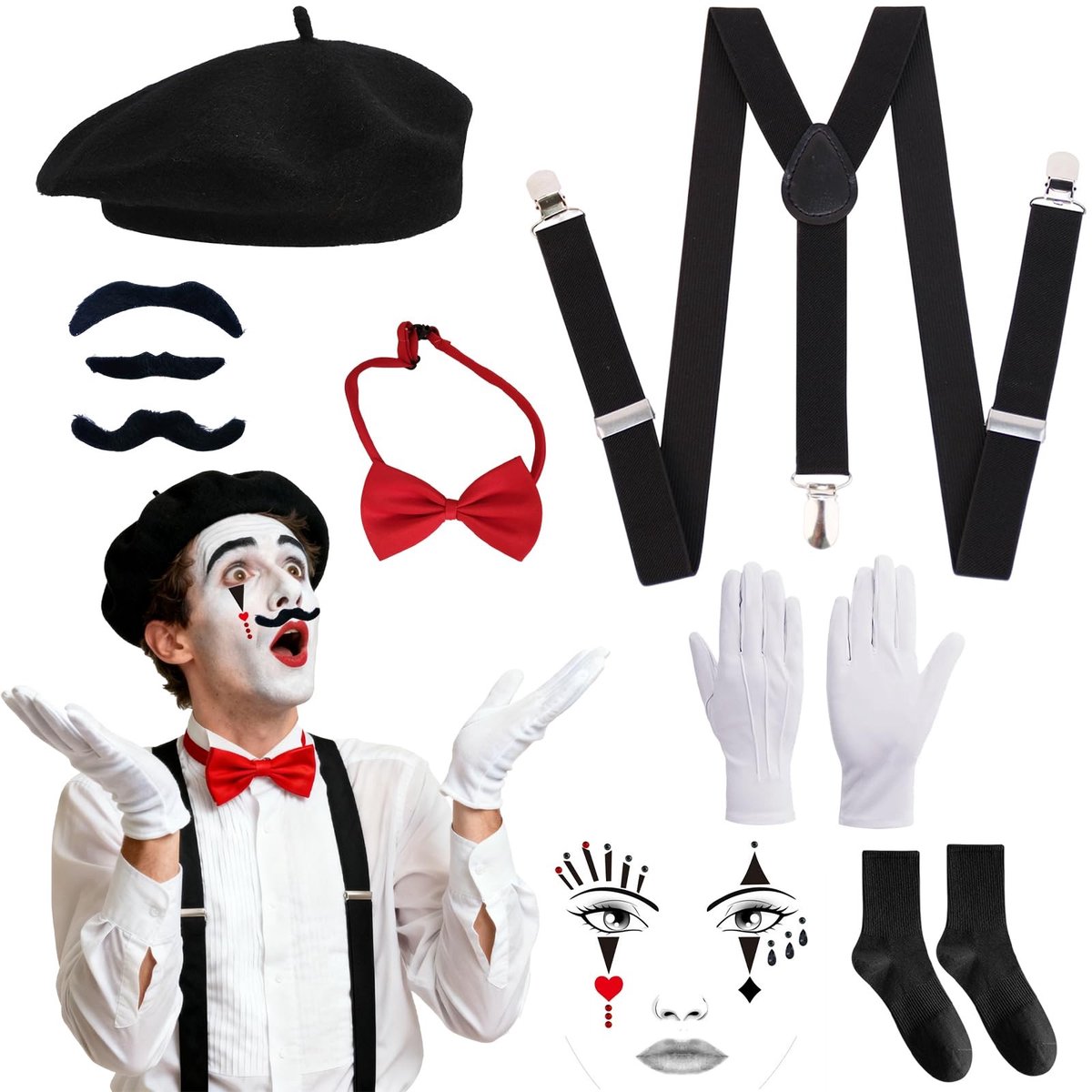 Dailygoods- Pantomime Kostuum Compleet Set - Carnaval Kostuum - Franse Kostuum - Accessoires - Zwarte Baskenmuts - Retro Klassiek Design - Carnavalskostuum