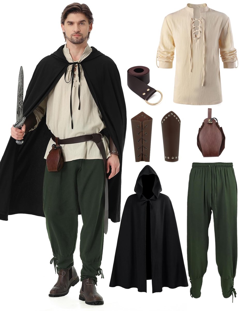 Dailygoods- Middeleeuws Kostuum 7-delig - Renaissance Kostuum - Middeleeuwse Kleding voor Heren - Klassiek Shirt - Broek met Riem - Inclusief Accessoires - Historisch Kostuum