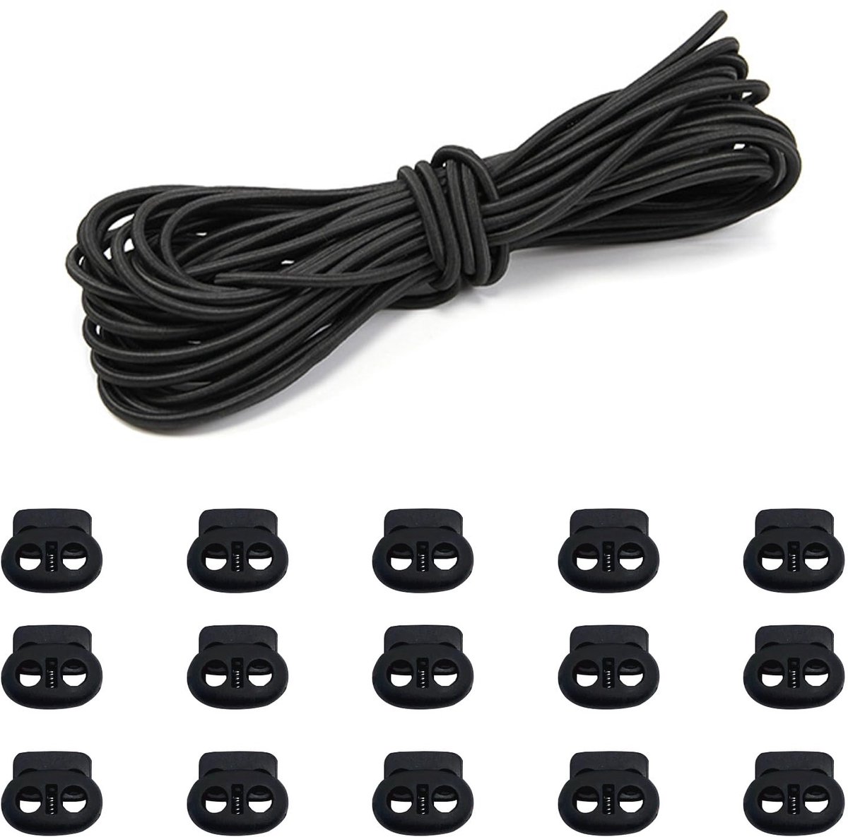 Dailygoods- Koordslot 15 Stuks - Kunststof - Antislip Trekkoord - Dubbel Gat Veer Koord Slot - 5 m Elastisch Koord - 24x21 mm - Trekkoordslot