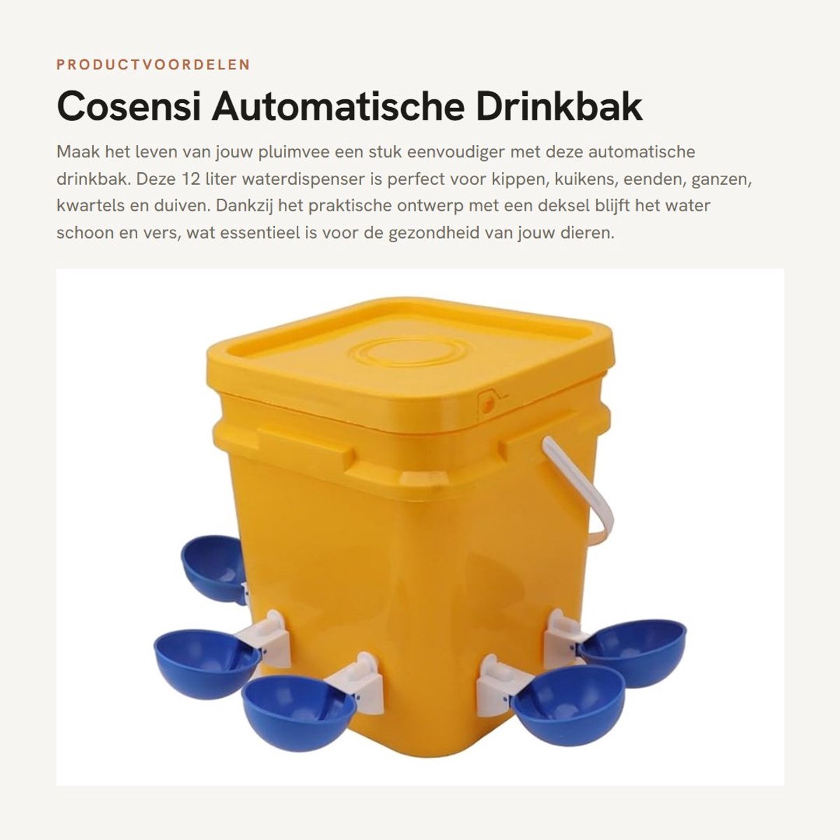 Dailygoods- Drinkbak Automatisch 12L - Waterdispenser Pluimvee - Kippen/Kuikens/Eenden - Zwaartekrachtbewatering - Inclusief Deksel/Bekers