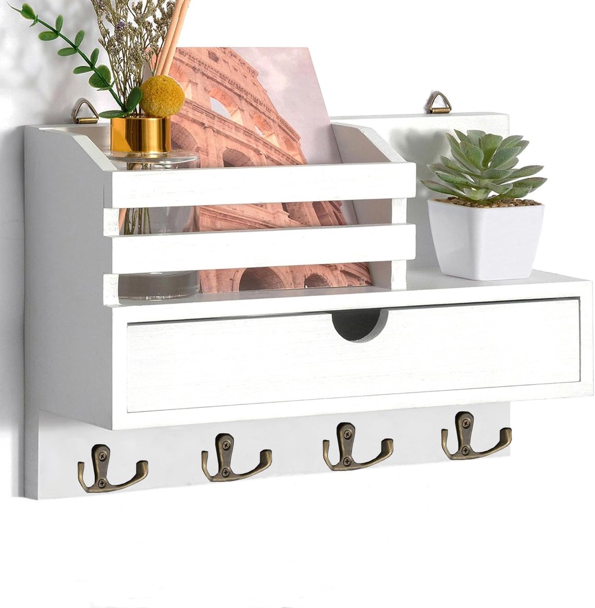 Sleutelrek met Plank - Wandrek Hout - Thuis Organiseren - Rustieke Functionele Stijl - 29.