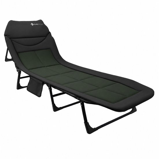 Civière pliable vert foncé et gris avec appui-tête et poche latérale.