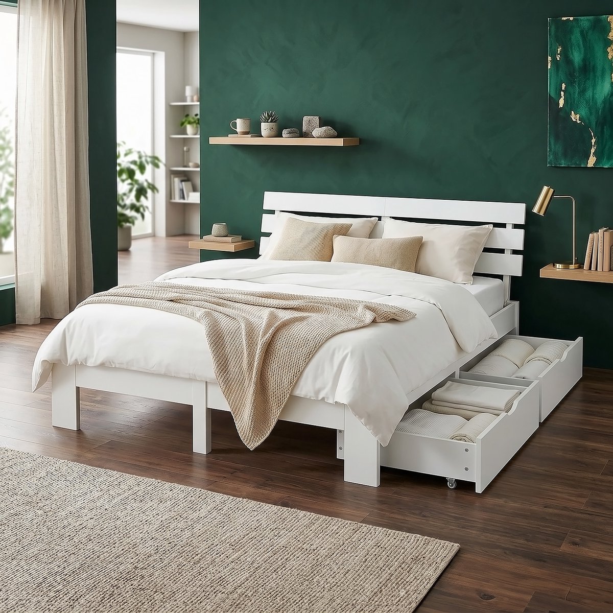 Homestyle4u Tweepersoonsbed - 140x200 cm - met 2 uitschuifbare opberglades - Lattenbodem - Wit