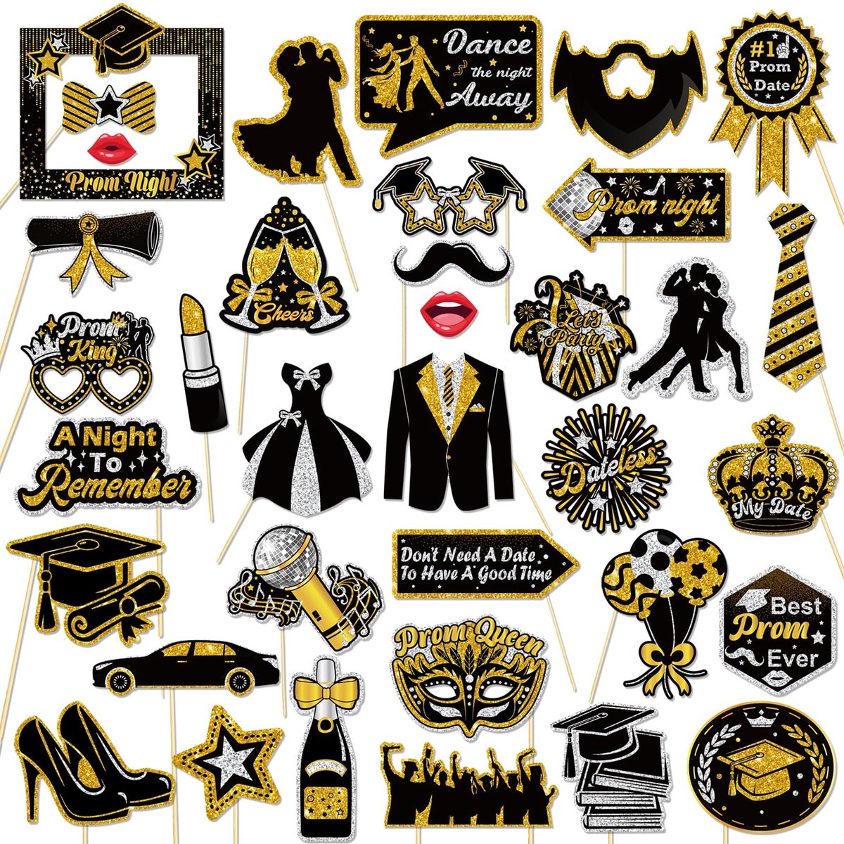 Dailygoods- Fotocabine Props 36 Stuks - Afstuderen 2025 - Zwart/Goud/Zilver - Fotografie Rekwisieten - Feestartikelen - Hoge Kwaliteit Karton - Fotorekwisieten