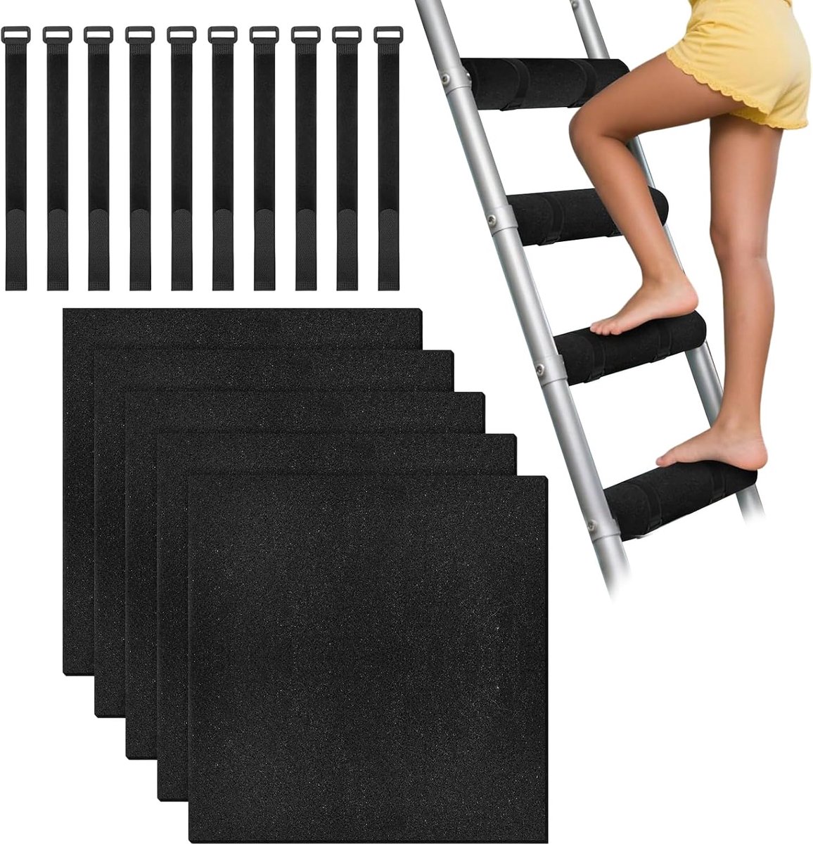 Ladder Treden Matten - Antislip Treden - Veilig Klimmen - Verstelbare Banden - 25x25cm - Zwart