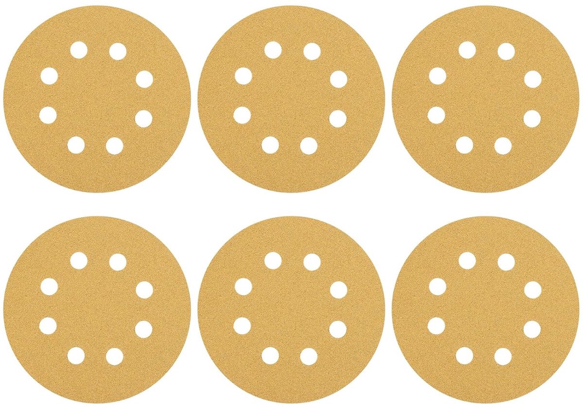Schuurschijven 125 mm - Schuurpapier rond - Metaal polijsten - 8 gaten stofafvoer - 20 stuks korrel 100 - Goudkleurig