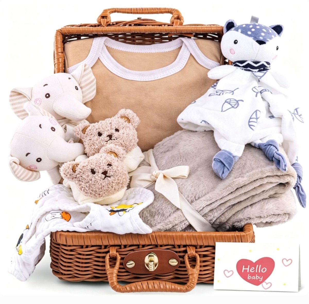 Dailygoods- Babycadeauset - 1 x Romper - 2 x Rammelaars - 1 x Slabbetje - 1 x Paar Antislip Sokken - 1 x Houten Mijlpaalkaart - Inclusief Geschenkmand - Babygiftset