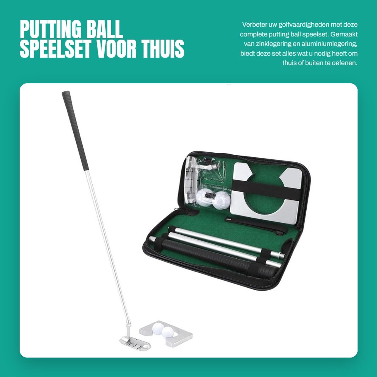 Dailygoods- Putter Set - Indoor Golfputter - Oefenapparatuur - Zinklegering/Aluminiumlegering - Inclusief 2 Golfballen - Opbergtas - Realistische Putting Ervaring - Golfset