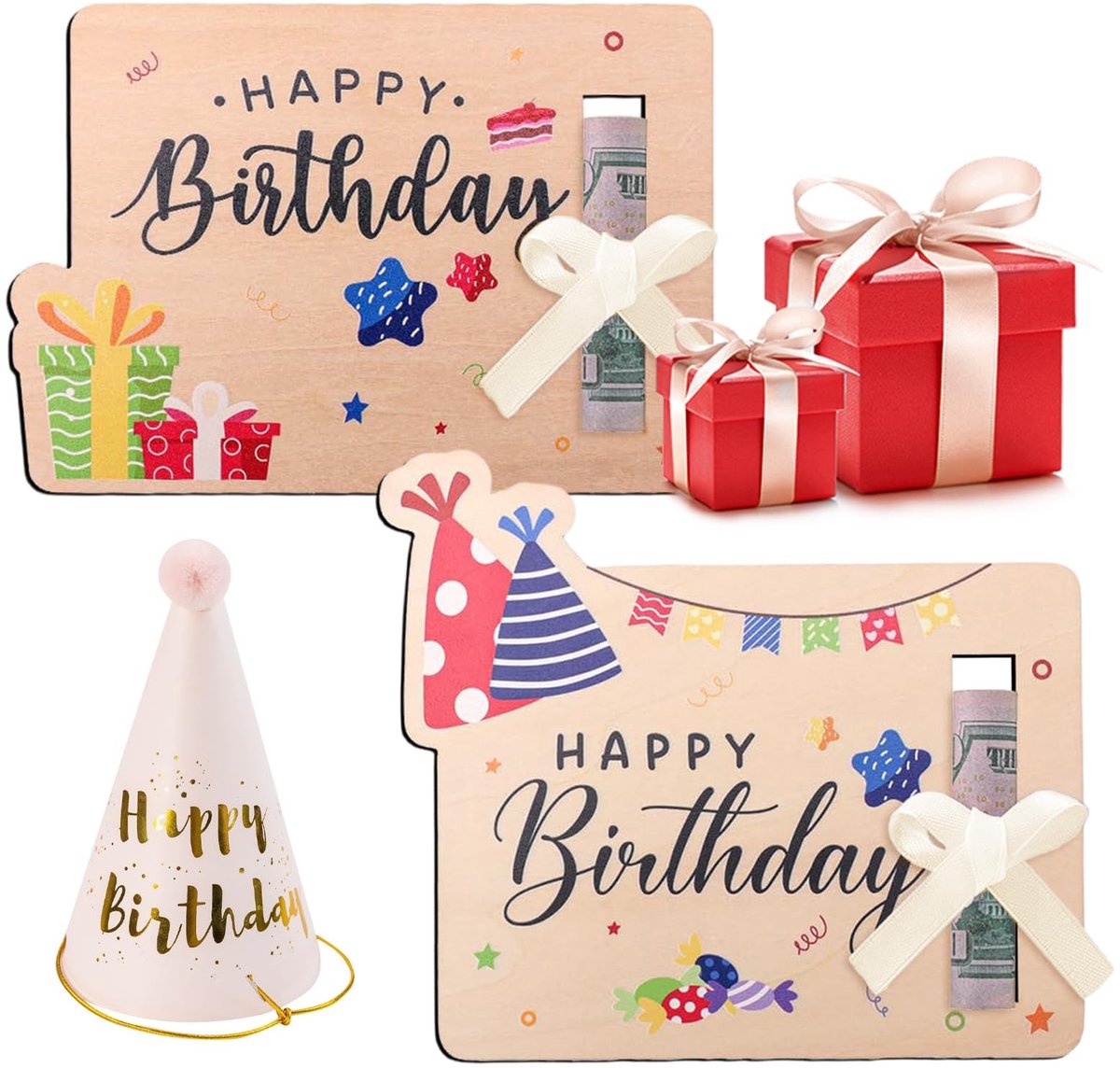 Dailygoods - Verjaardag Wenskaarten Houten Fun Geld Houder voor Cash Gift, Geld Portefeuilles voor Cash Gift Ideeën Kleurrijke Present Keepsake Verjaardag Wenskaarten Portefeuilles Schrijf Wensen op de Rug 2 Stks