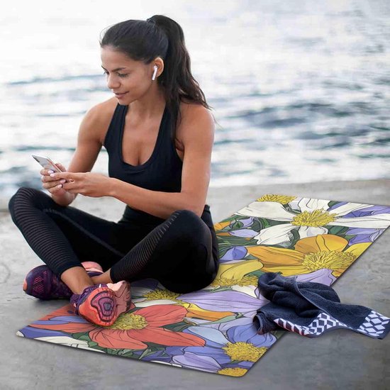 Yogamat - Fitness Handdoek - Thuis Workout - Antislip Grip - 180x66 cm - Bloemenprint van Yogamat — afbeelding 4