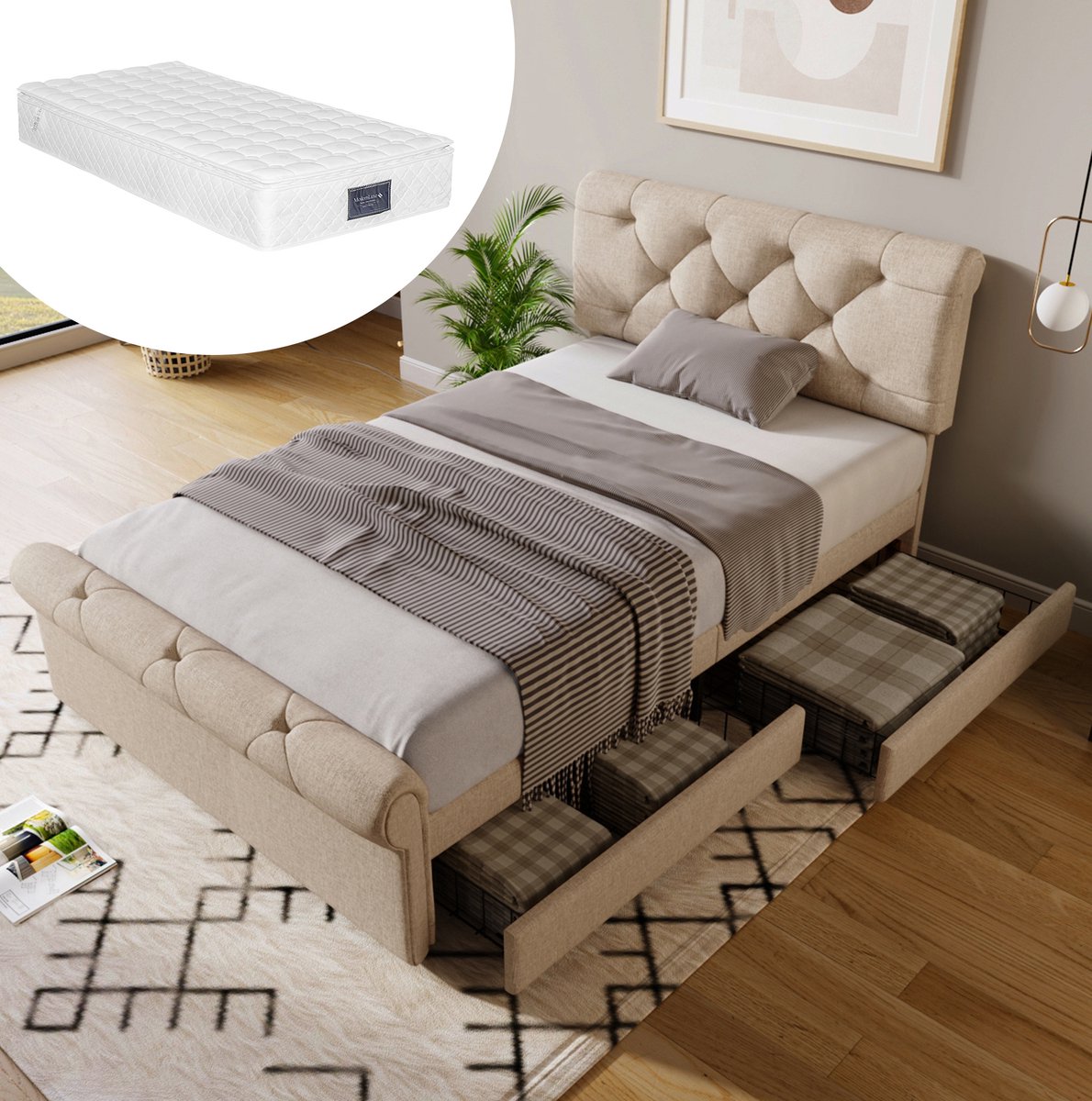 MEUNIQ eenpersoons gestoffeerd bed 90x200 cm met matras, 2 lades, verstelbaar hoofdbord, Chesterfield stijl, bedframe voor slaapkamer, naturel