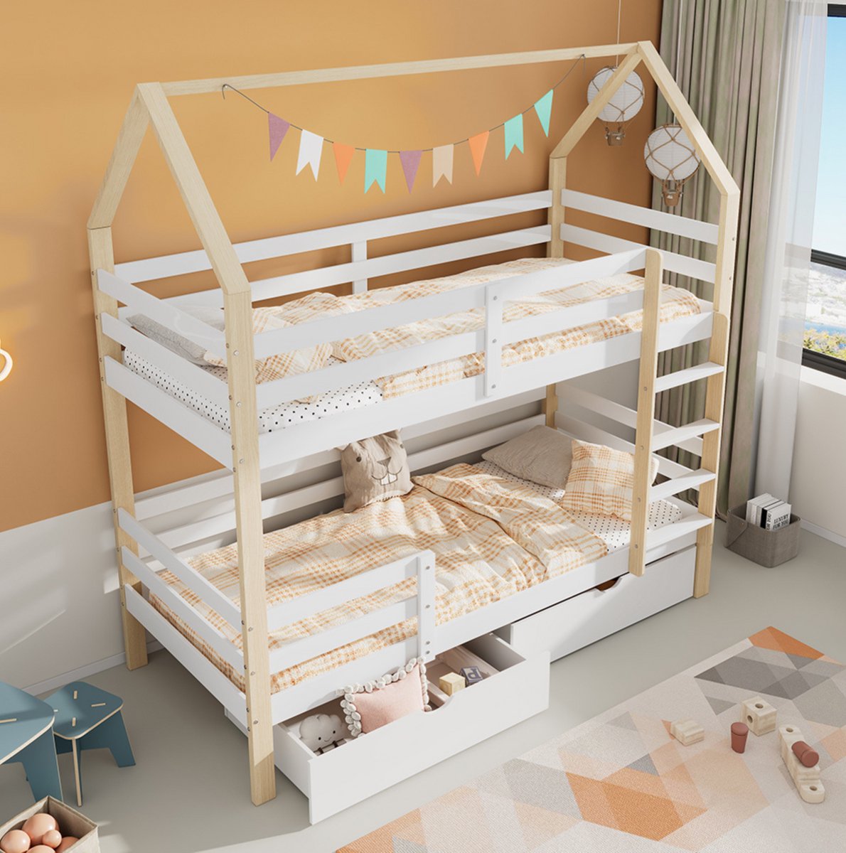 MEUNIQ kinder stapelbed in huisvorm 90x200 cm met lattenbodem, 2 opberglades en veiligheidshekken, zonder matras, voor kinderkamer, wit en eiken