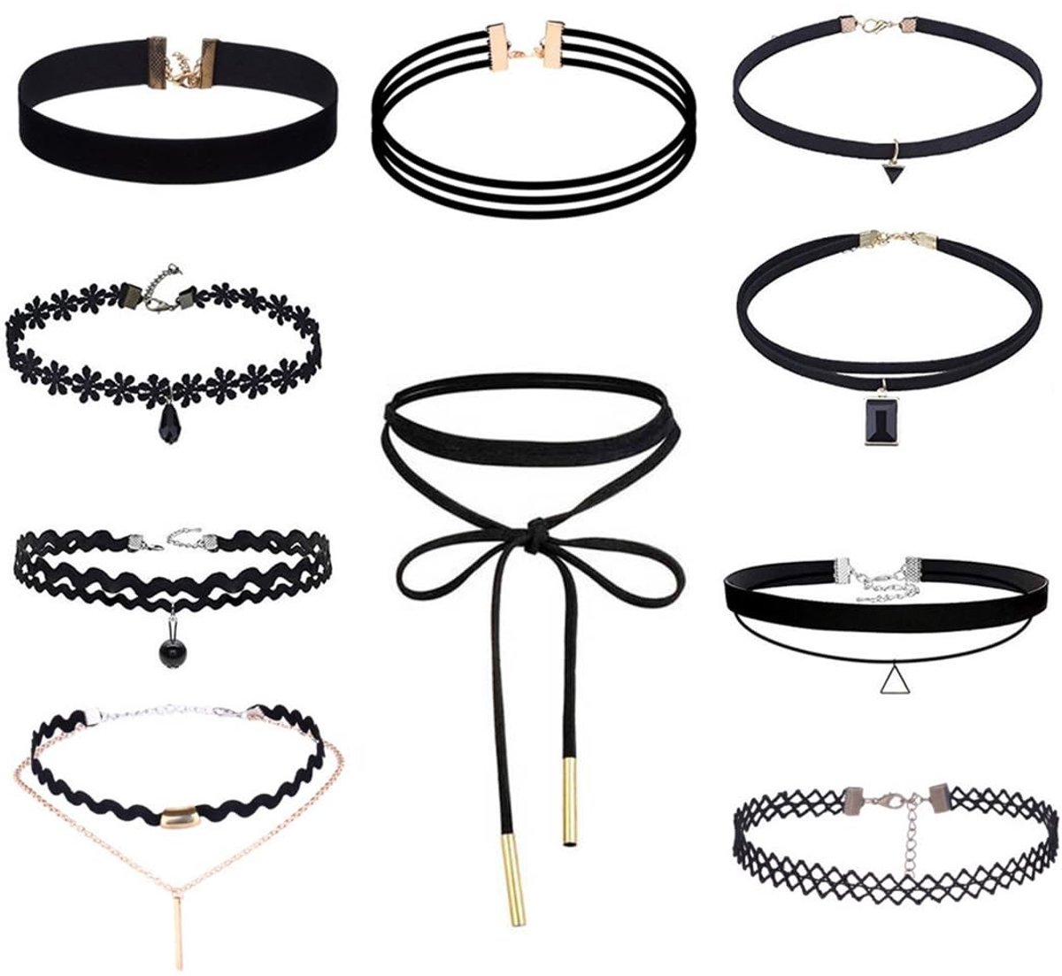 Dailygoods- Choker Set 10 Stuks - Verstelbare Halsbanden - Fluwelen/Gothic/Tattoo Stijlen - Sieraden voor Vrouwen - Geschikt voor Feest/Halloween - Halsband