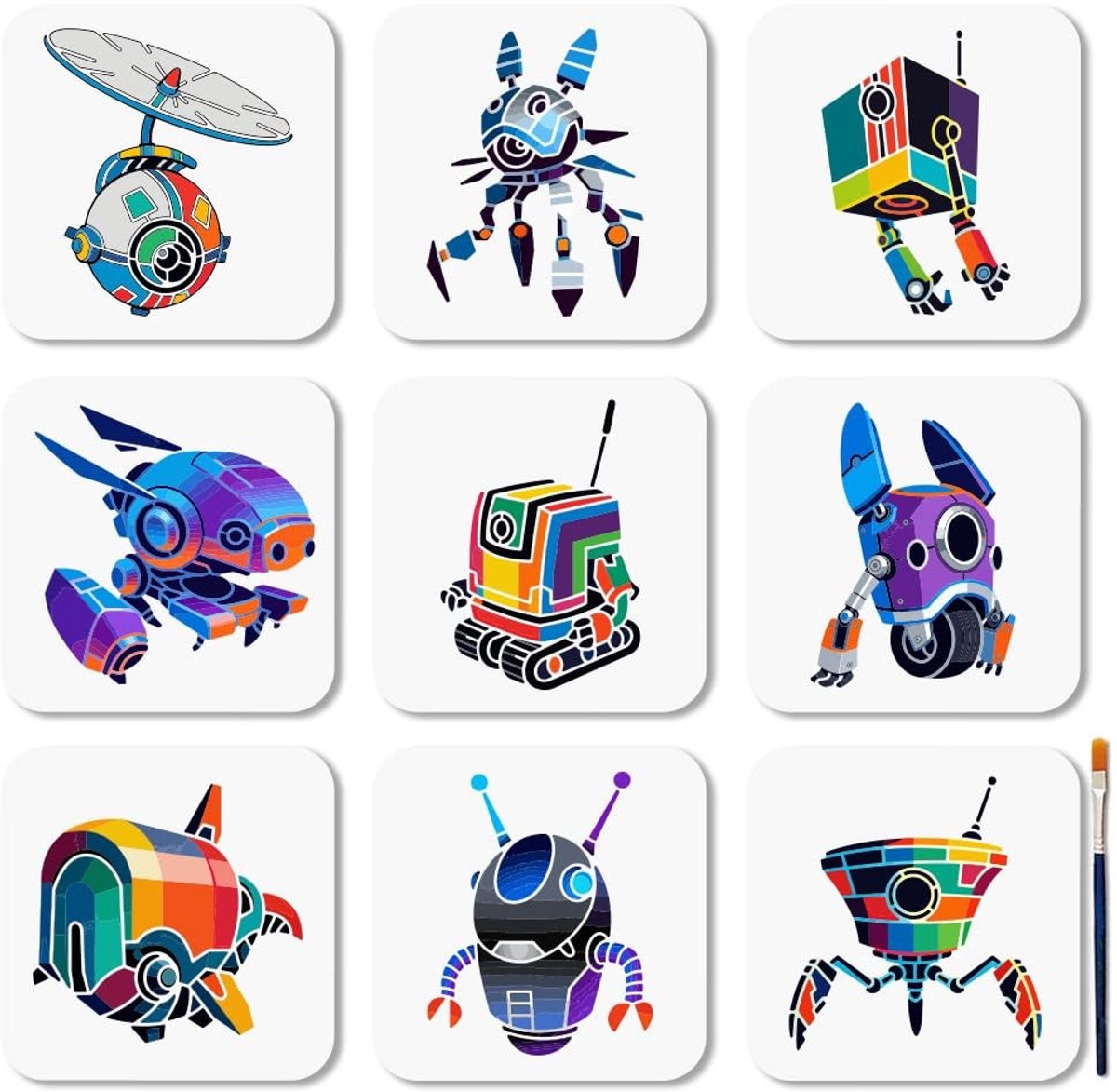 Dailygoods- Robotsjabloon herbruikbaar - 9 stuks - 15 x 15 cm - kunststof - sjabloon met kwastenset - mechanische robot-ontwerpen - Schildersjabloon