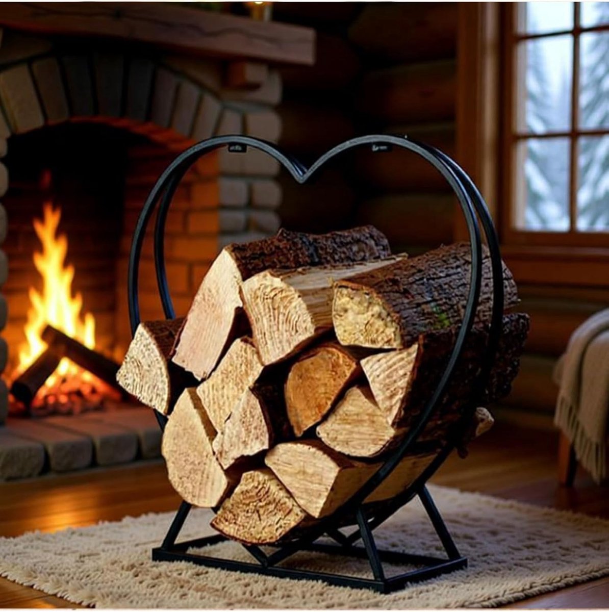 Haardhoutrek Hartvorm - Houtopslag Rek - Opslag Brandhout - Smeedijzeren Constructie - 54x20x55 cm - Zwart