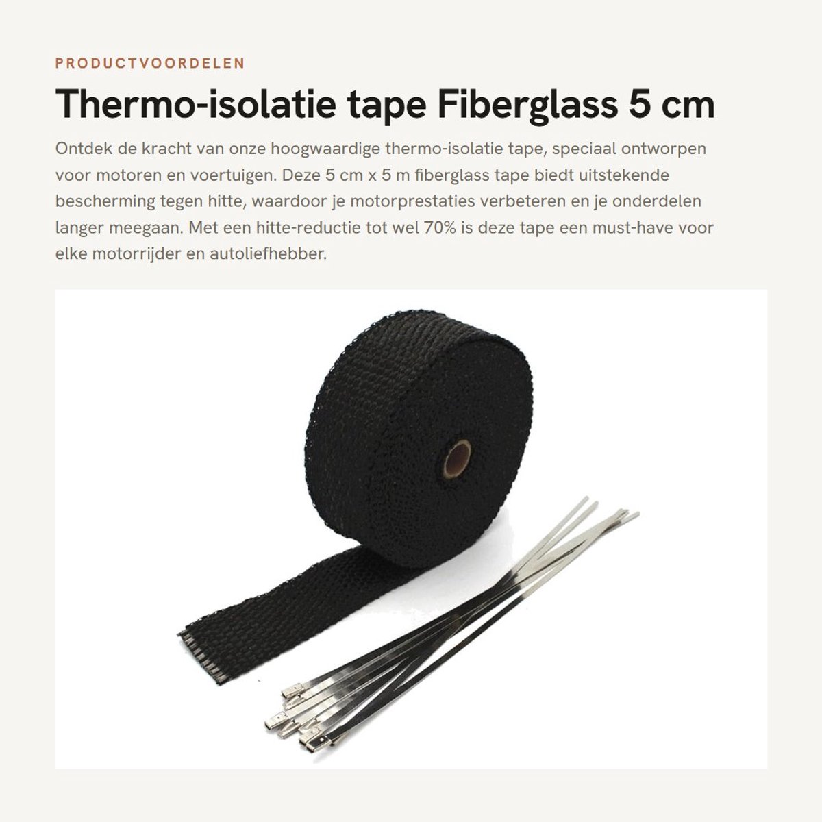 Dailygoods- Uitlaatband 5cm x 5m - Thermische Isolatie - Hittebescherming - Schokbestendig - Glasvezel - Inclusief 6 Roestvrij Stalen Klemmen - Uitlaatisolatie