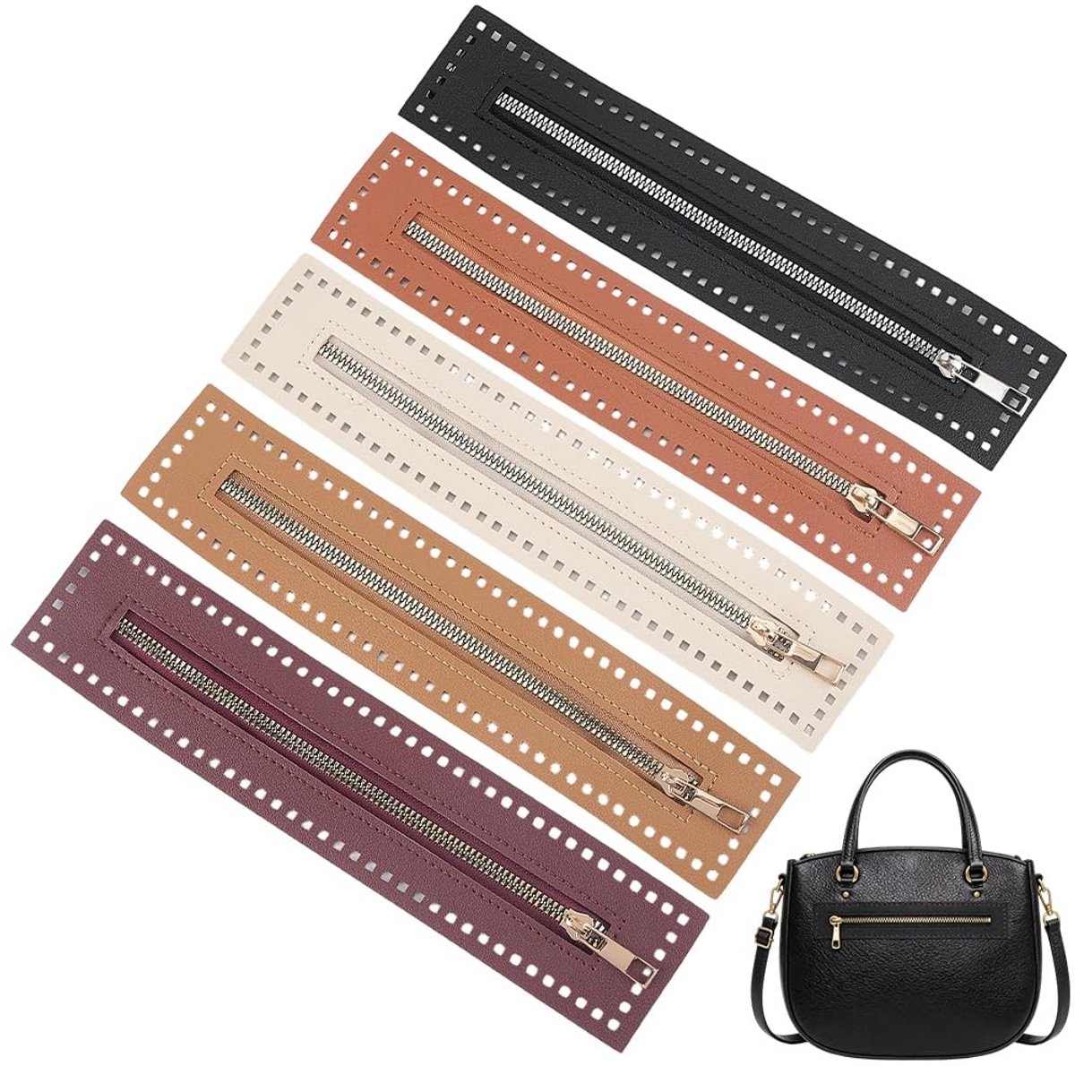Dailygoods - 5pcs 5 kleuren Crochet tas Zipper PU leder eind Zippers raam 27cm Zwart bruin beige rood handgemaakte tassen naaien sluit met gaten voor DIY Craft purse portefeuille kleding jeans toebehoren