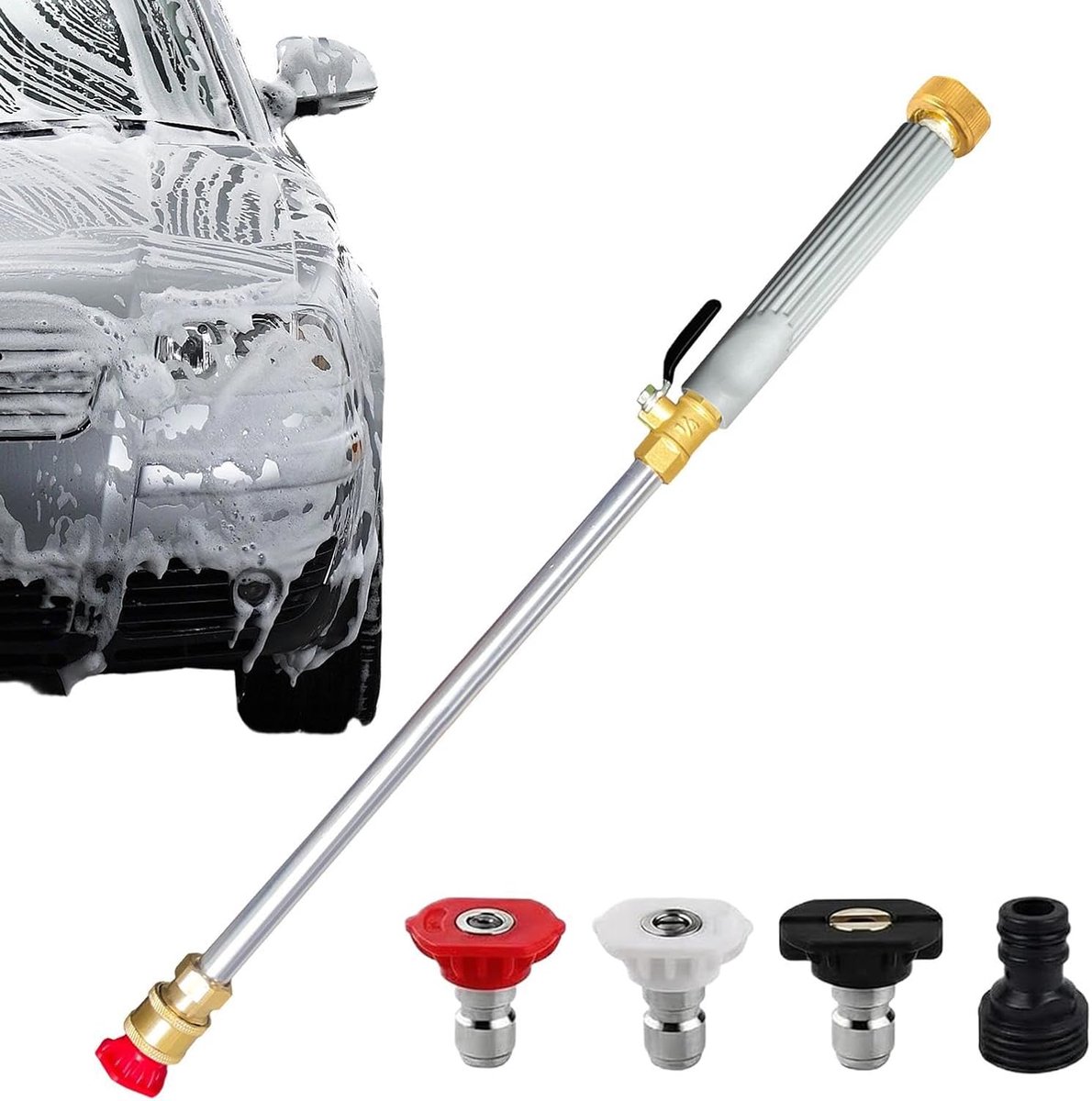 Hogedrukreiniger slang - Waterstraal opzetstuk - Auto en tuin reinigen - Verstelbare sproeiers - 44 cm lengte - Grijs