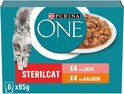 Pack Purina ONE Sterilcat de 8 sachets, avec une image de chat tigré gris et des gamelles de nourriture.