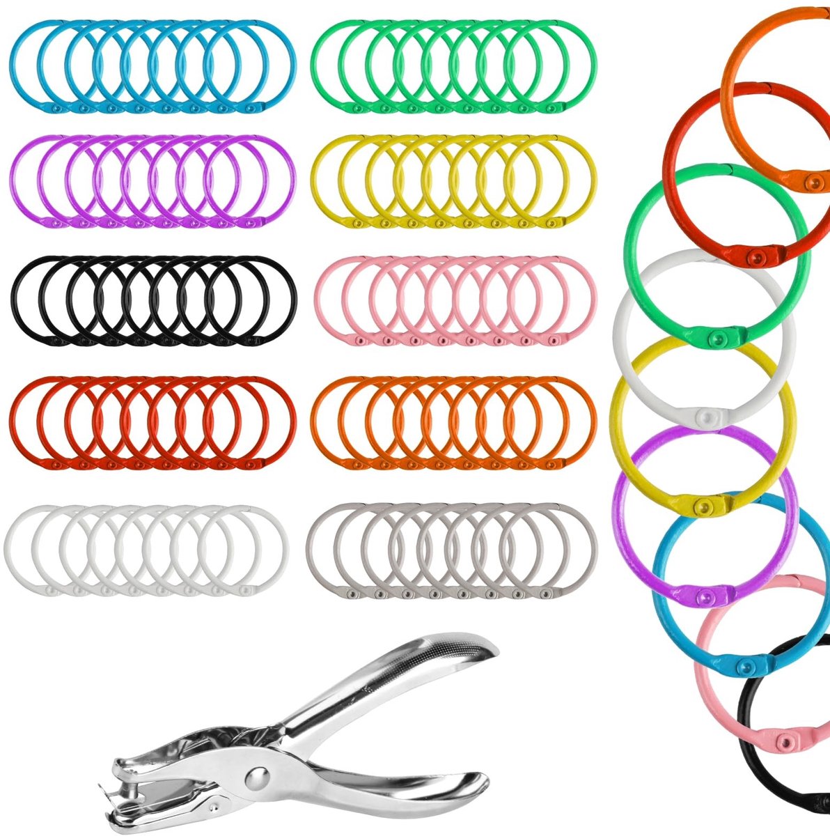Dailygoods- Bindringen 30mm - 80 Stuks - Multicolor Ringbanden - Losbladige Documenten - Scrapbook/Knutselen - Inclusief Perforator