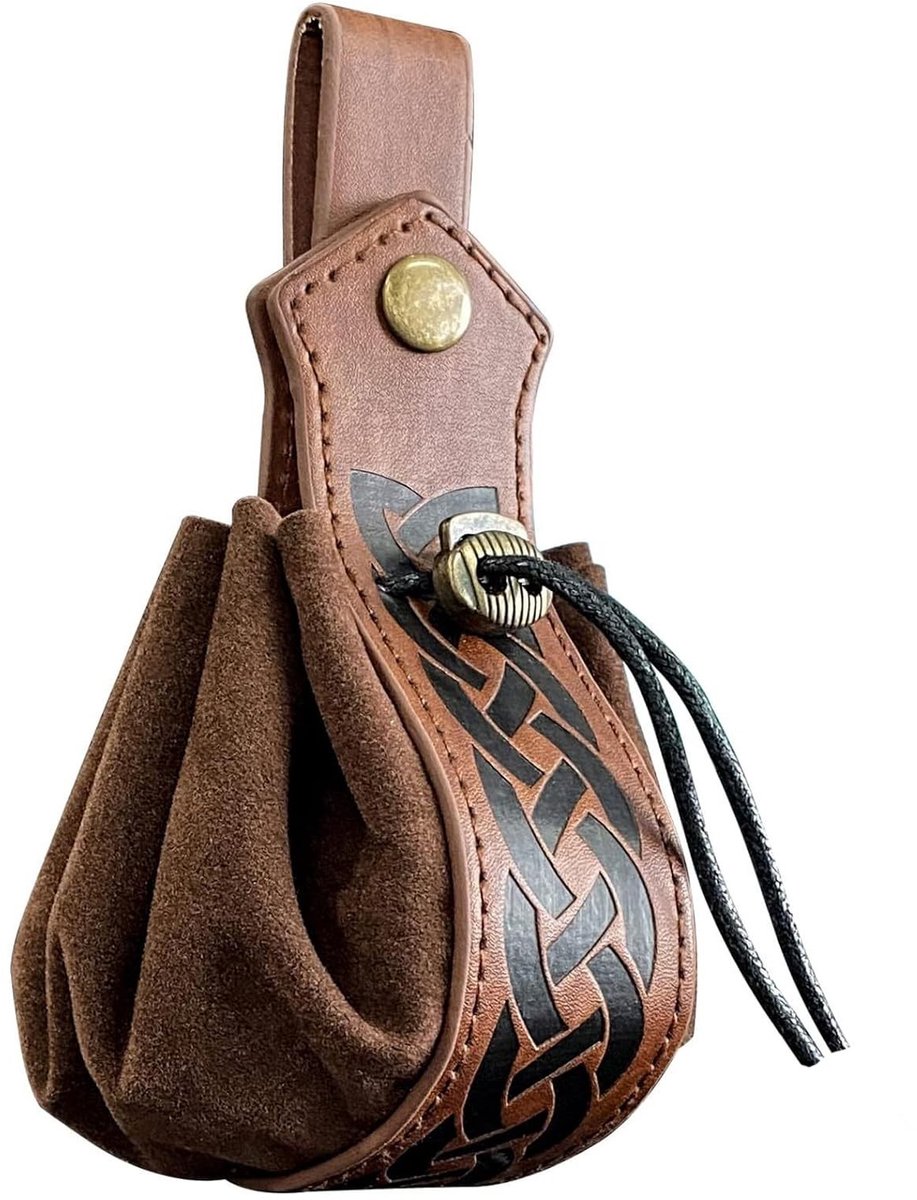 Dailygoods- Heuptasje Bruin - Retro Draagbare Portemonnee - Middeleeuwse Leren Tas - Trekkoord - Ideaal voor Rollenspellen - 18x12cm