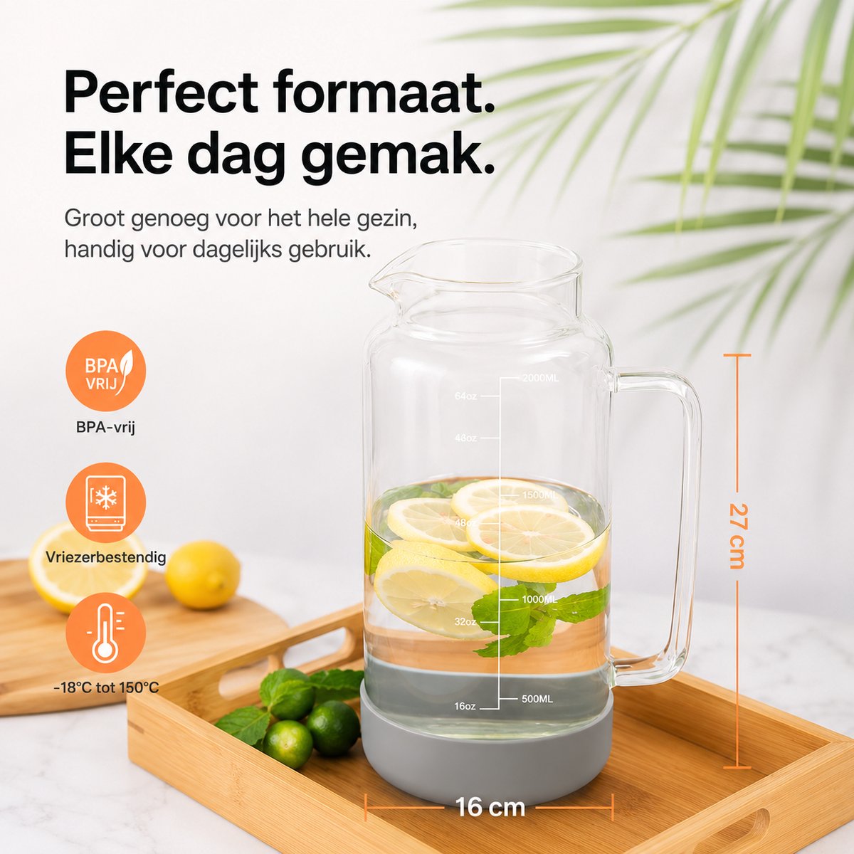 BOTC Karaf van glas - 2L - IJstheekan - Antislip - Siliconen bodem en nauwkeurige Schaalverdeling - voor Koelkast - Grijs — cadeau in Koken & Dineren - foto 8