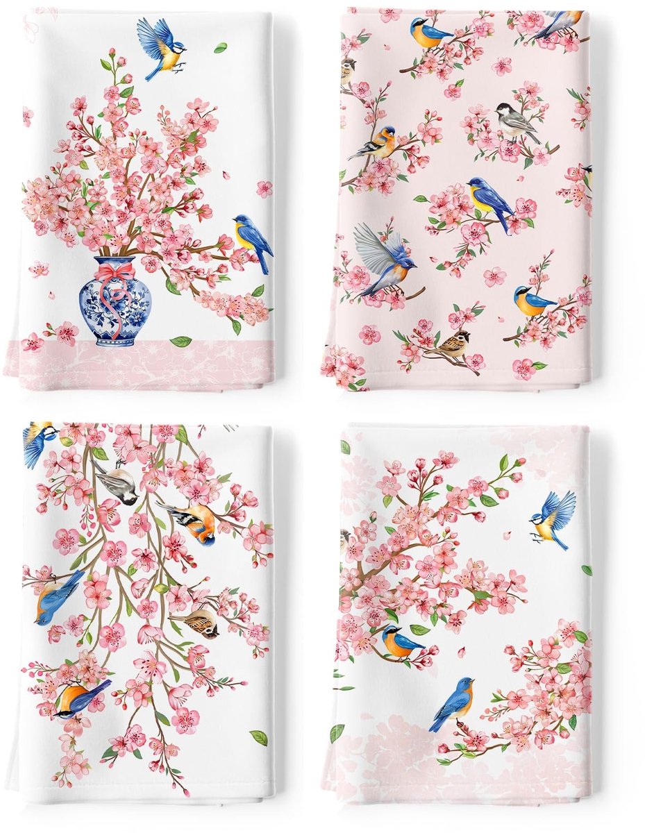 Omgoods - 100% Katoenen Keukenhanddoeken met Roze Bloemen, Set van 4