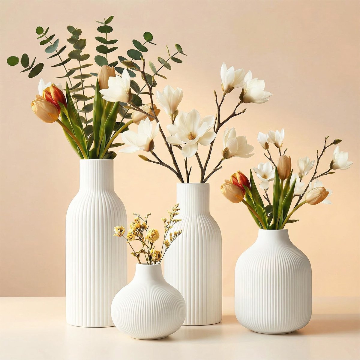 Omgoods - Witte Keramische Vazen Set, 4-delig voor Pampasgras en Gedroogde Bloemen