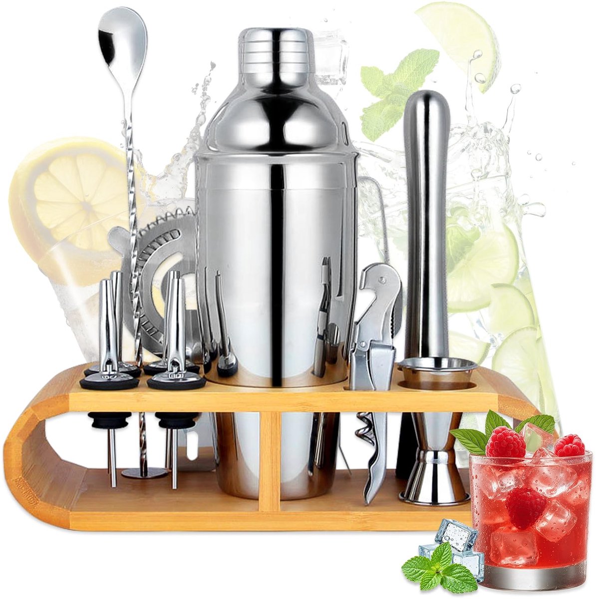 Omgoods - 12-delige Cocktailshakerset - Professionele Barkeeper Kit met Houten Standaard