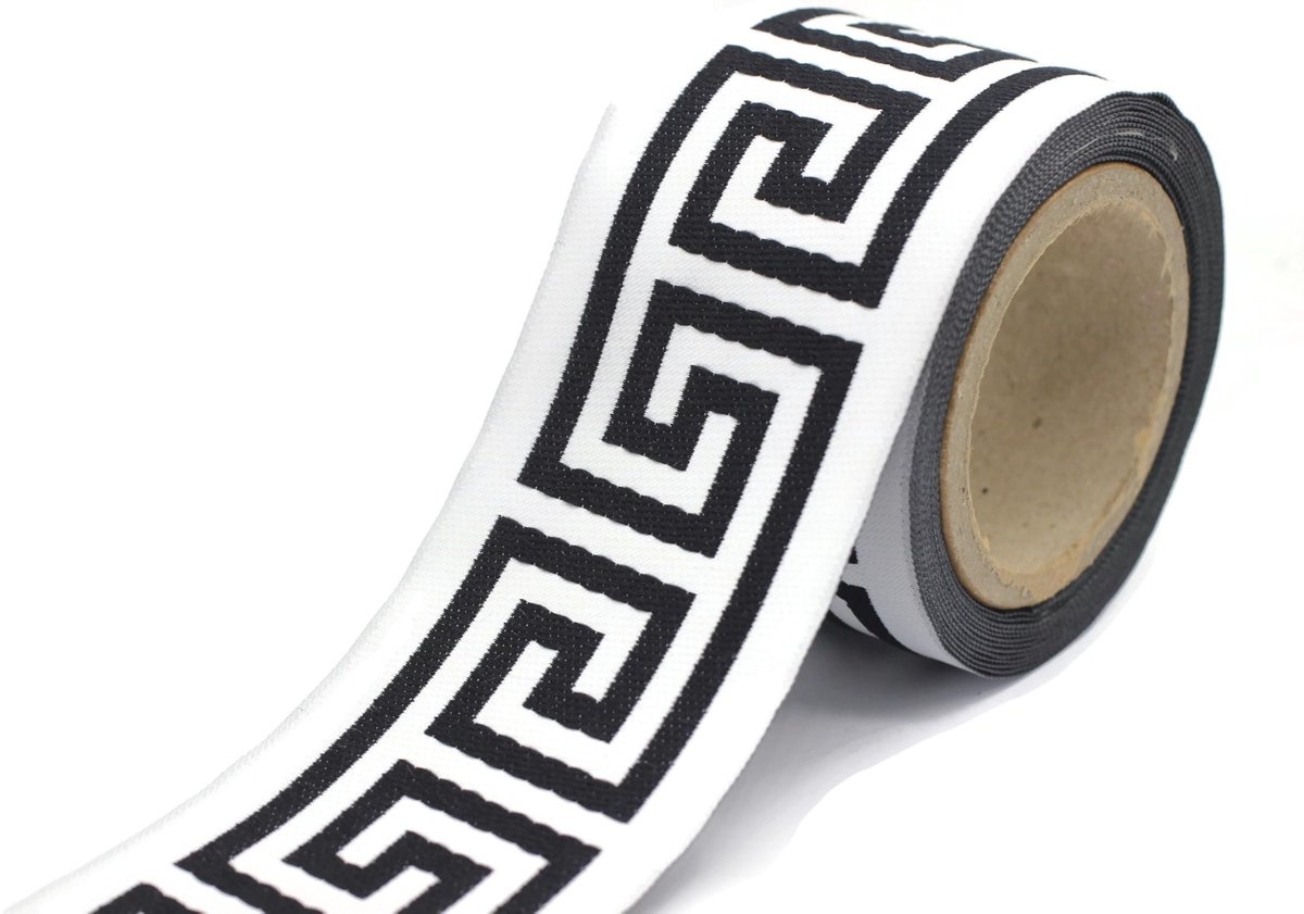 Omgoods - Gordijnband 70 mm met Grieks Meander Patroon in Zwart en Lichtgrijs
