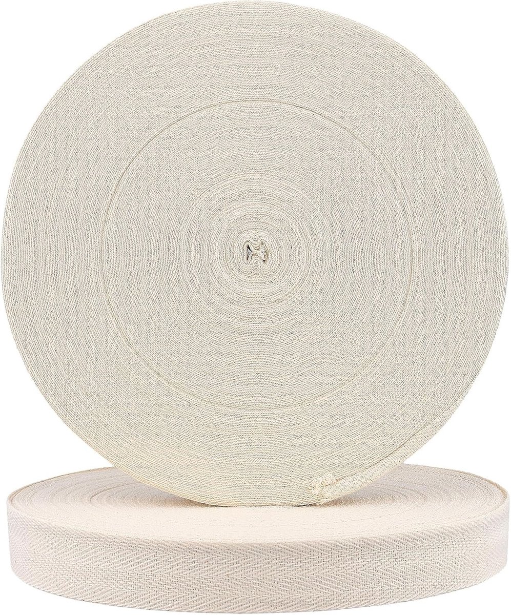 2pcs 2.5cm x 50m Herringbone Katoenen Webbing, Wit Katoen Tape voor Naaien, DIY Projecten en Handwerk