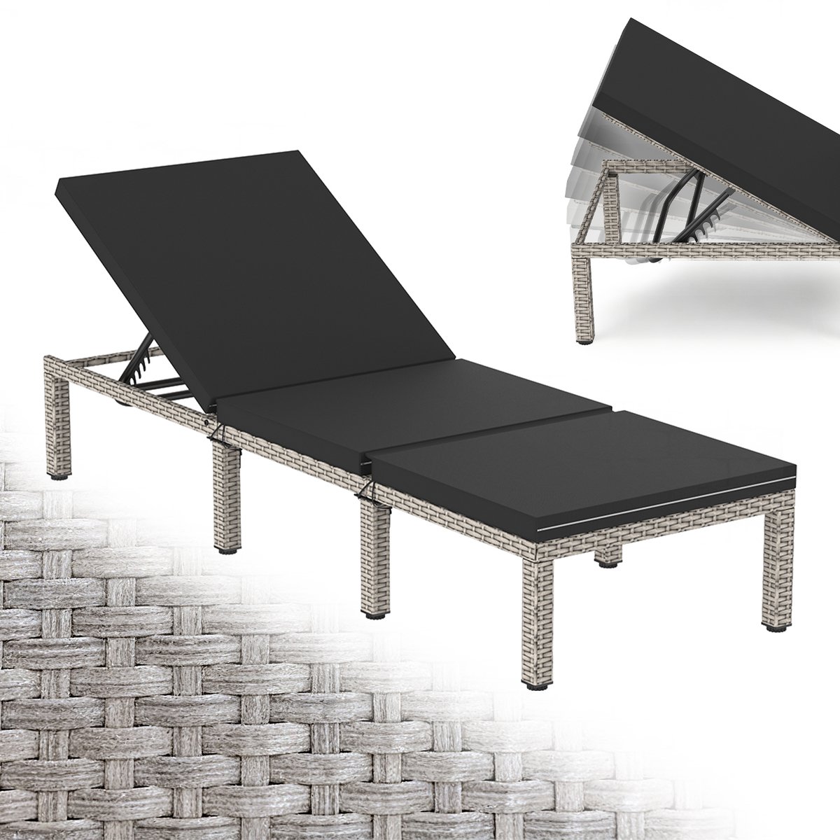 Arvioo - Ligbed grijs 1 stuks - Poly rotan - 5 verstelbare rugstanden - Met kussen