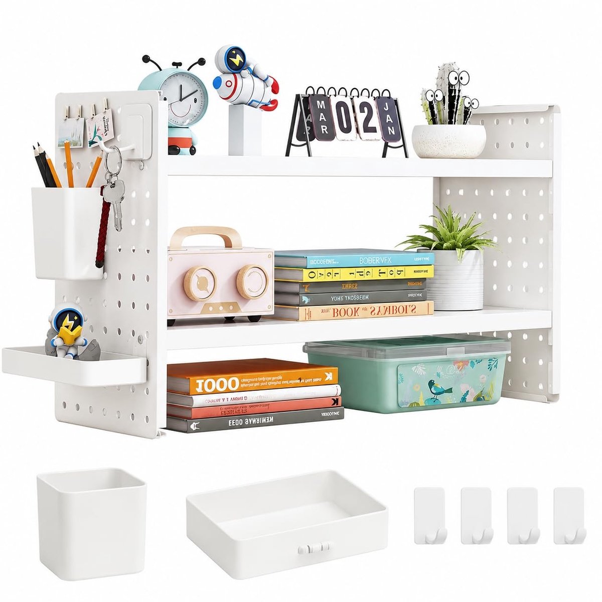 Omgoods - Witte 2-Tier Bureau Organizer met Pegboard en 6 Accessoires
